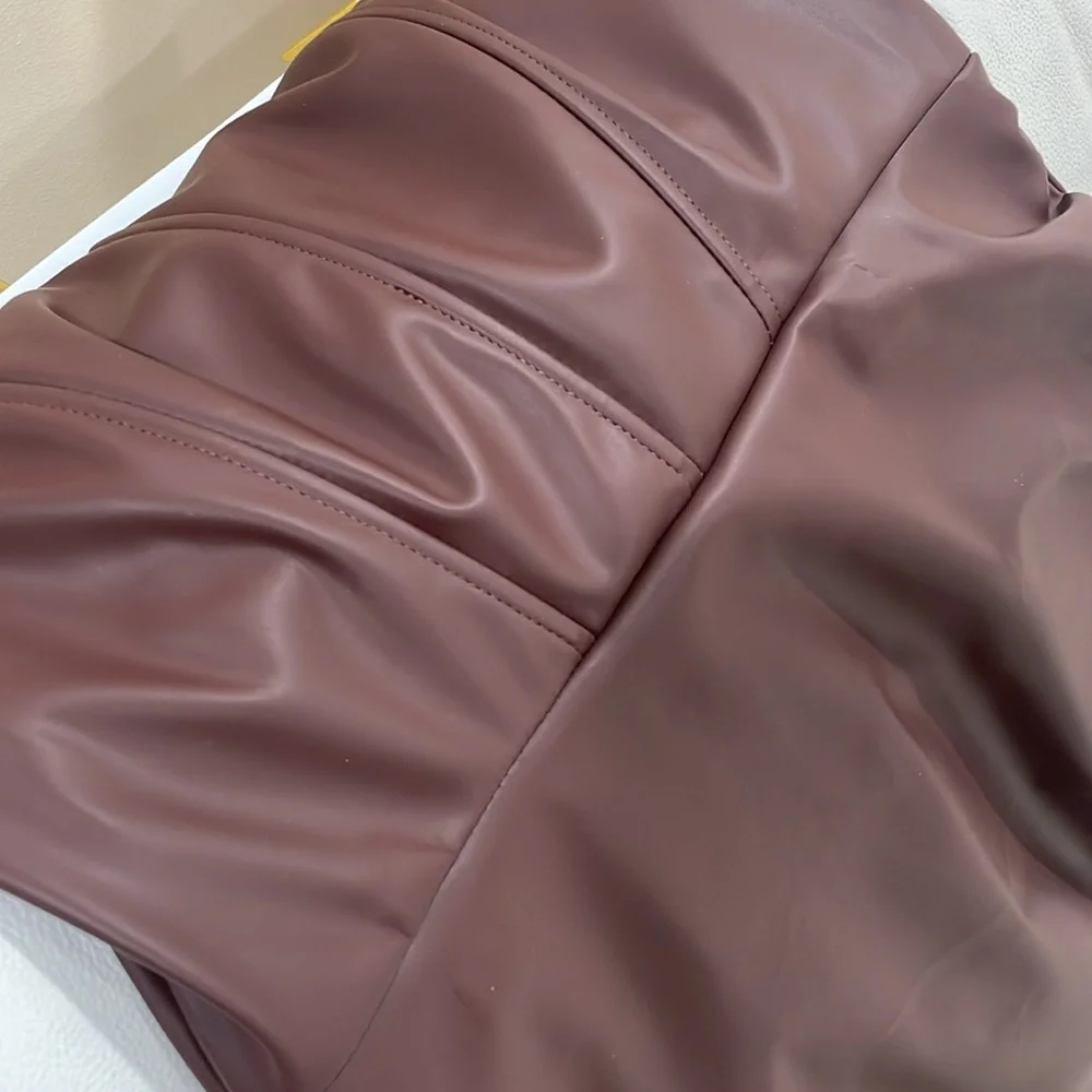 NWT Brown pu leather mini fitted dress ruched side high waisted bone corset XS/S - Picture 11 of 12